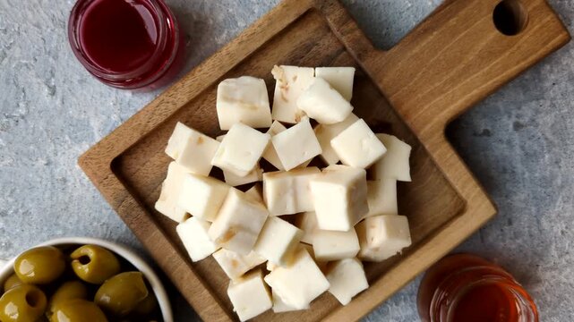 White feta, tofu, or mozzarella cheese cubes with herbs as a salad ingredient. White mozzarella cheese cubes as a food background for your design