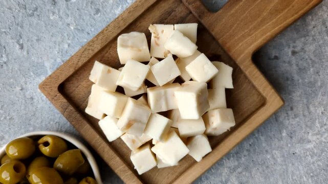 White feta, tofu, or mozzarella cheese cubes with herbs as a salad ingredient. White mozzarella cheese cubes as a food background for your design