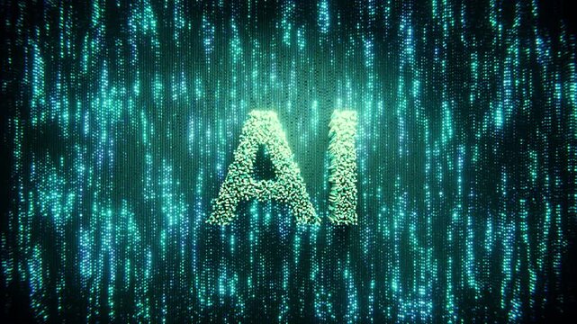 Artificial intelligence AI letters glowing in green data loop.