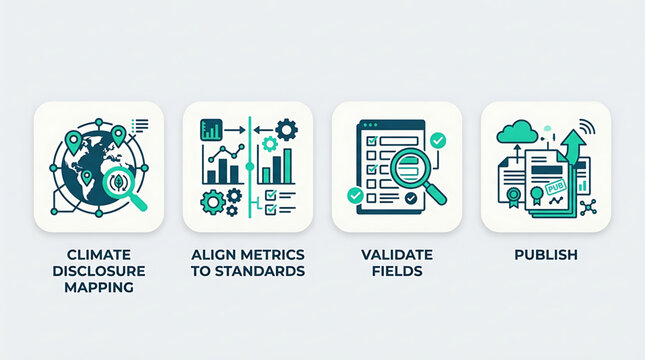 Climate mapping icons show disclosure, metrics alignment, field validation, and publication process on a screen.
