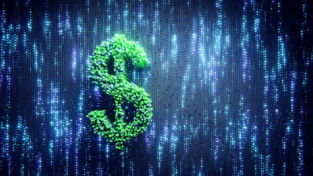 Green dollar symbol in flowing digital finance data loop.