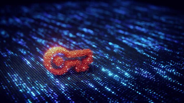 Glowing digital key on blue cybersecurity data surface loop.