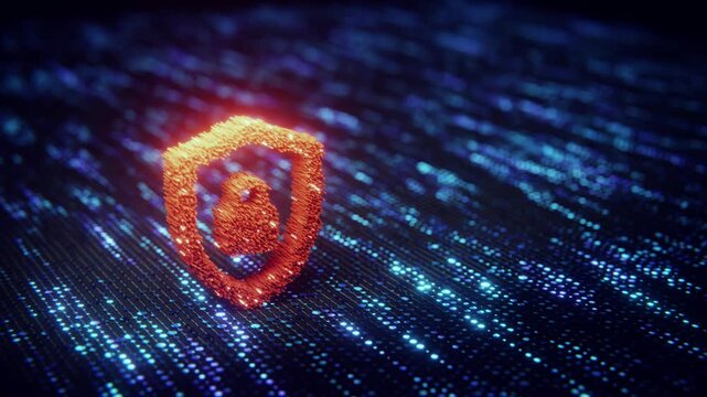 Digital shield lock on flowing cybersecurity loop background.