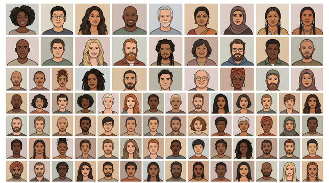 Diverse group of people with different ethnicities and expressions in a collage of headshots