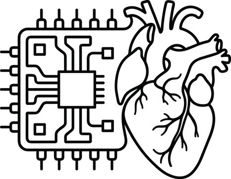 Abstract illustration of a human heart connected to a computer microchip processor.