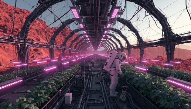 Mars Colony Interior Pressurized Dome Greenhouse with Lush Crops, Astronaut in EVA Suit, Pink Purple Grow Lights, Rocky Mars Surface Visible, AI Generated