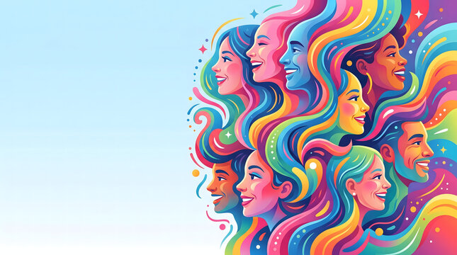 Vibrant illustration of diverse group of people's faces in profile, with colorful hair and gradient background.