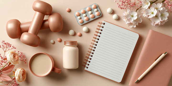 Spring Refreshment: Pink Smoothie with Dumbbells and Floral Accents for Health & Fitness Enthusiasts