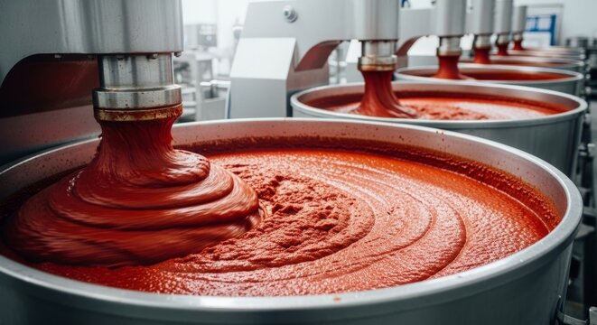 Industrial tomato paste production in automated mixing vats, showcasing food processing and large-scale manufacturing with copy space