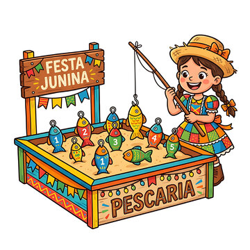 Festa junina brazilian june festival fishing game cartoon illustration. white background.