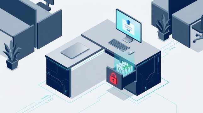 Office setup shows a computer with cybersecurity features and a drawer secured with a lock. Plants are present in a modern workspace design