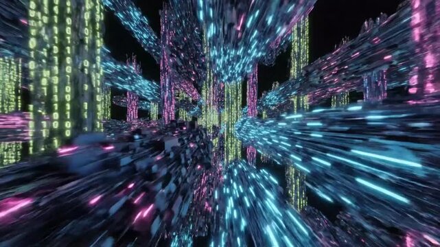 Abstract futuristic digital data stream tunnel with binary code moving through cyberspace at high speed