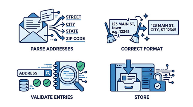 The illustration shows various steps in a data processing workflow with icons representing parsing addresses, validating entries, and storing information in a correct format.
