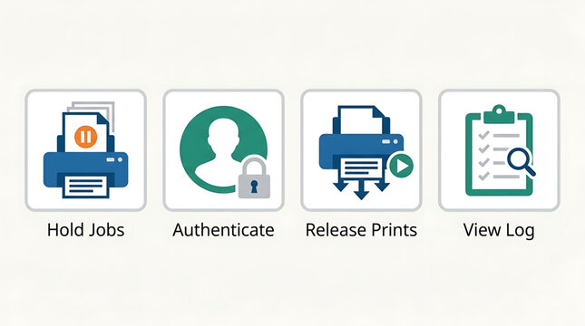 Printer icons display authentication, hold jobs, release prints, and view log on screen