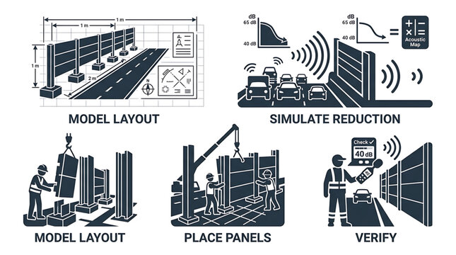 Workers at industrial site with solar panels and machinery for model layout and verification process