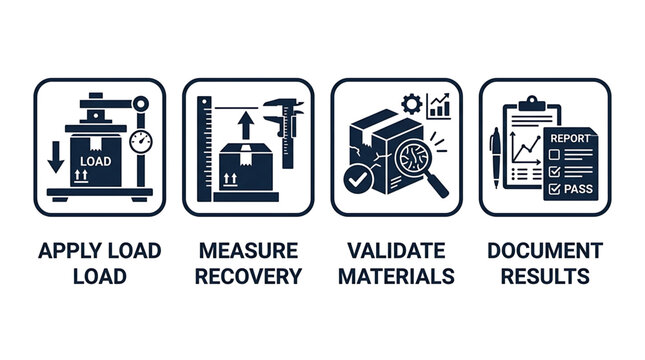 A detailed illustration of four key steps in a materials testing process with icons.