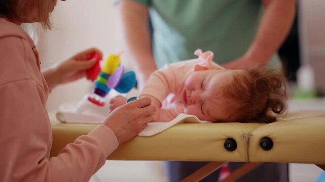 A baby rests comfortably during a pediatric therapy session while caregivers use colorful sensory toys to encourage engagement and development