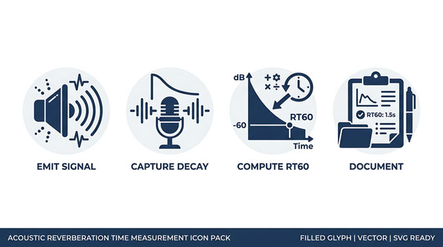 Acoustic reverberation time measurement icons depict signal processing and analysis tools