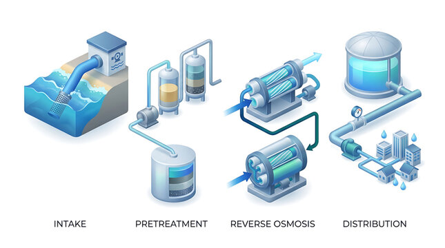 Water treatment process diagram showing intake, pretreatment, reverse osmosis, and distribution