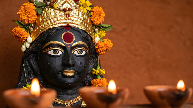 Black goddess idol with marigold crown and gold ornament beside three glowing diya