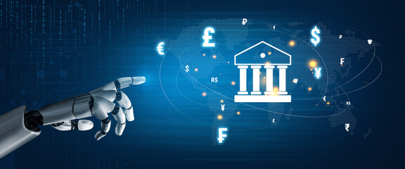 Obraz premium Robotic Hand Interacting with Global Financial Symbols in a Modern Banking Concept on a Digital Background Quark.