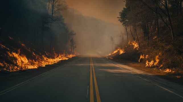 Empty Road Through Massive Wildfire With Flames And Smoke On Both Sides, Climate Disaster Emergency Evacuation Scene, Realistic Cinematic Commercial Stock Photo wildfire road, fore