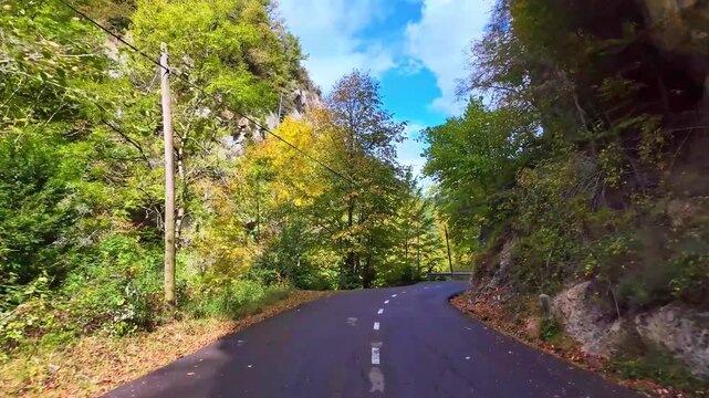 Driving through the Anso Valley to Zuriza, Valles Occidentales Natural Park in the Pyrenees, Aragon, Spain in Europe