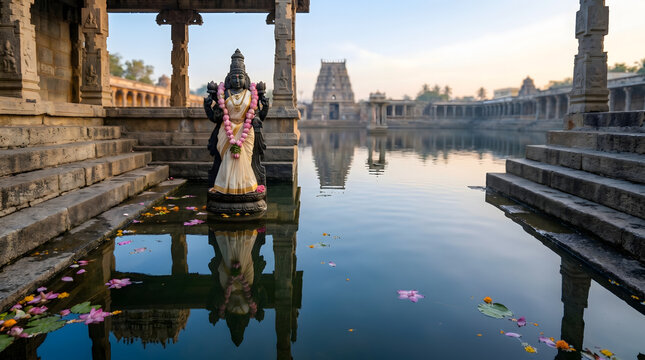 Black stone goddess idol with pink garland reflected in sacred temple tank at dawn