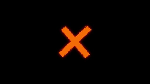 Vibrant orange glowing cross symbol isolated on a solid black background representing a negative mark or an incorrect selection in digital media