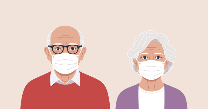 Elderly couple wearing face masks for protection Keywords: elderly, couple, man, woman, senior