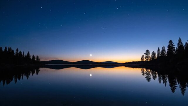Tranquil lake at sunset with silhouetted forest and colorful sky reflection