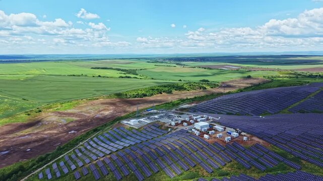 Aerial lavender field under blue sky, endless rows of purple blossom sweeping across rolling countryside, small farm buildings and dirt track visible, bright