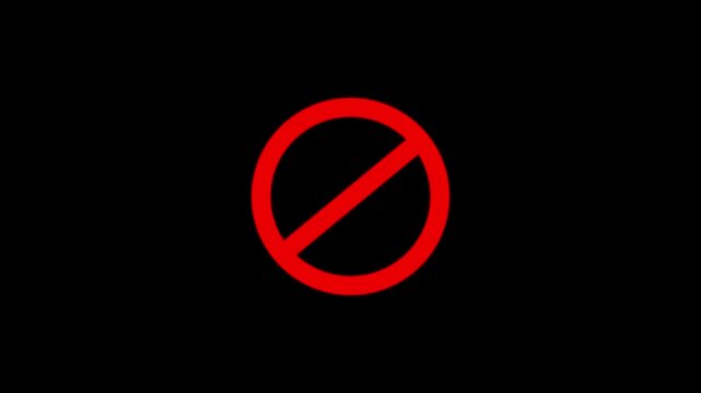 A bold red prohibition sign with a diagonal line through a circle isolated on a black background representing restricted access or forbidden actions