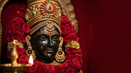 Obraz premium Black goddess face idol with gold crown and red rose garland close portrait