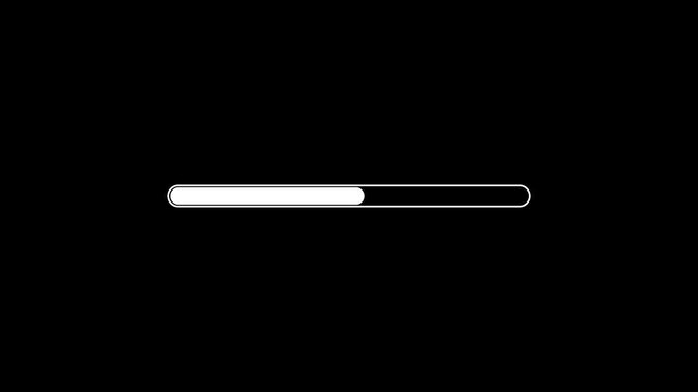 White progress bar outline with a partially filled section on a black background representing digital task completion and software status updates