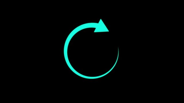 Bright cyan circular arrow rotating in a clockwise motion isolated on a solid black background representing a loading or refresh process