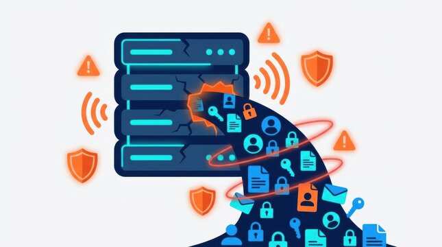 Visual representation of a cybersecurity breach exposing sensitive corporate data with icons indicating alerts and security issues