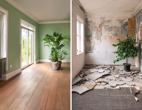 split screen before and after home renovation showing dilapidated room with peeling wallpaper versus clean minimalist interior with plant
