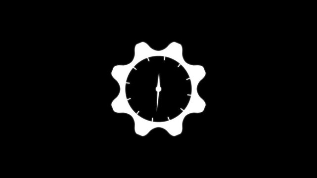 White gear shaped clock with a circular face and two hands set against a solid black background for industrial or technical time concepts