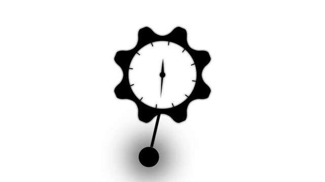 Black clock gear with a swinging pendulum on a white background for time management and industrial efficiency concepts in motion