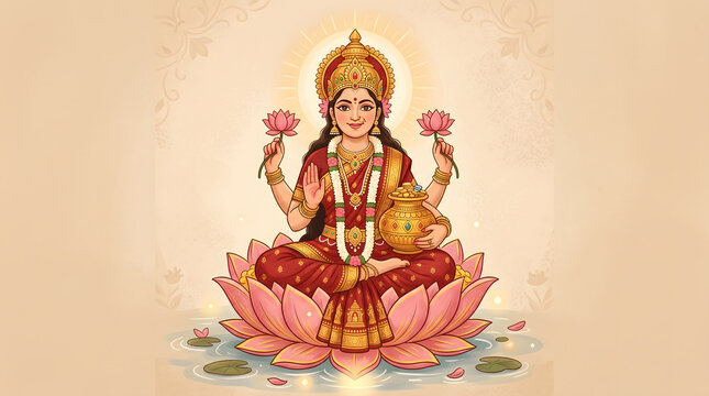 Cartoon Lakshmi goddess seated on pink lotus holding gold pot