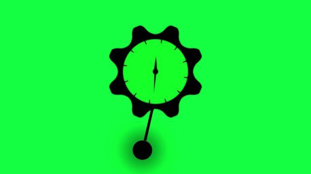 Black clock gear with a swinging pendulum on a green background for chroma key compositing and editing projects with time themes