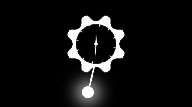 White pendulum clock with a gear shaped frame and a swinging weight against a deep black background for timekeeping and mechanical concepts