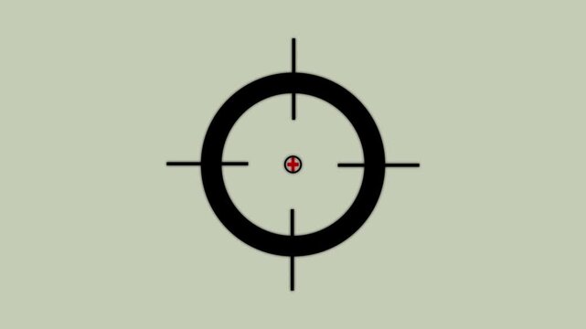 Black crosshair target scope with a red center point on a light gray background for gaming interface and precision aiming visual effects