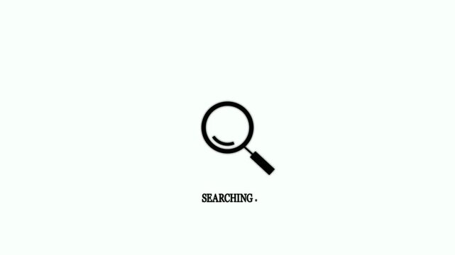 A black magnifying glass with the text searching below it centered on a solid white background for digital interface and web navigation use