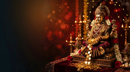 Fototapeta premium Golden Lakshmi statue with coin and rose on red bokeh backdrop