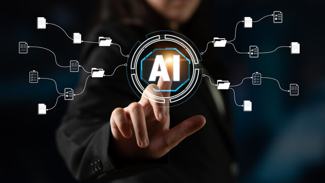 Business Professional Interacting with Artificial Intelligence Interface in a Modern Digital Environment Quark.