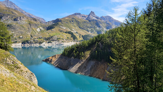 Lake Lac du Chevril in the mountain landscape, French Alps, Tignes, Savoie, France, Europe.