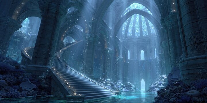 Atlantis underwater - the lost city of atlantis with blue ocean depths