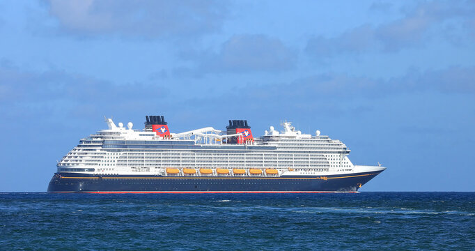 Beautiful Disney Destiny Cruise Ship heading for a Bahamian Cruise after leaving Port Everglades, Fort Lauderdale, Florida, USA.